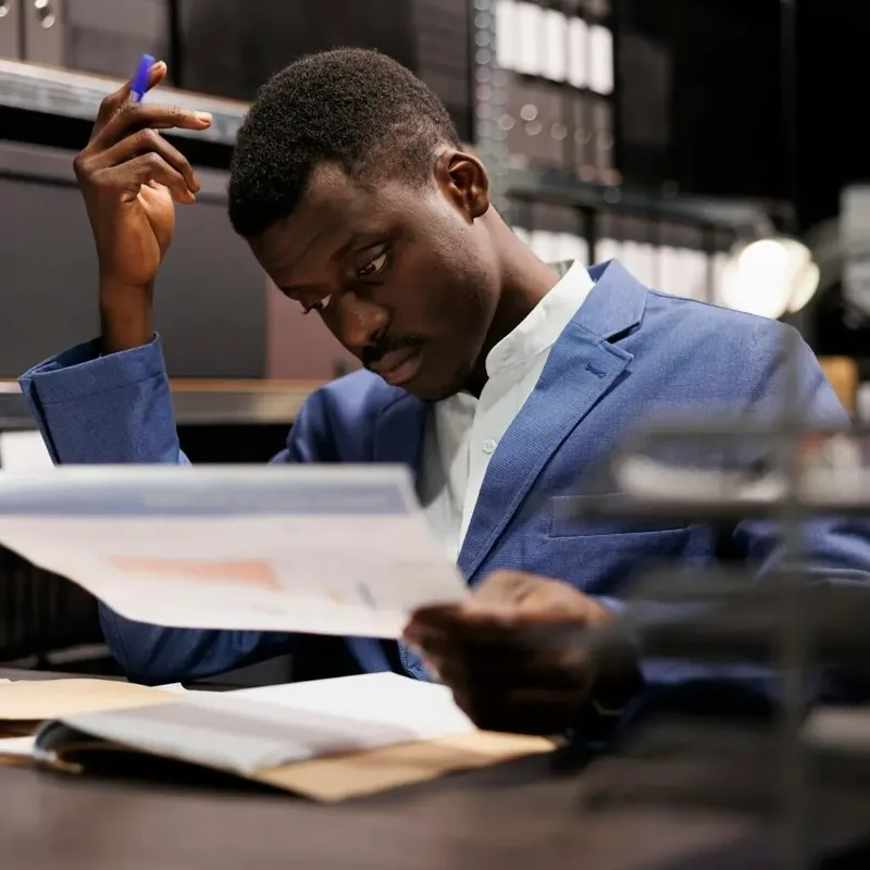 Man in Nairobi scratching his head while reviewing bookkeeping records – Zidika Consulting
