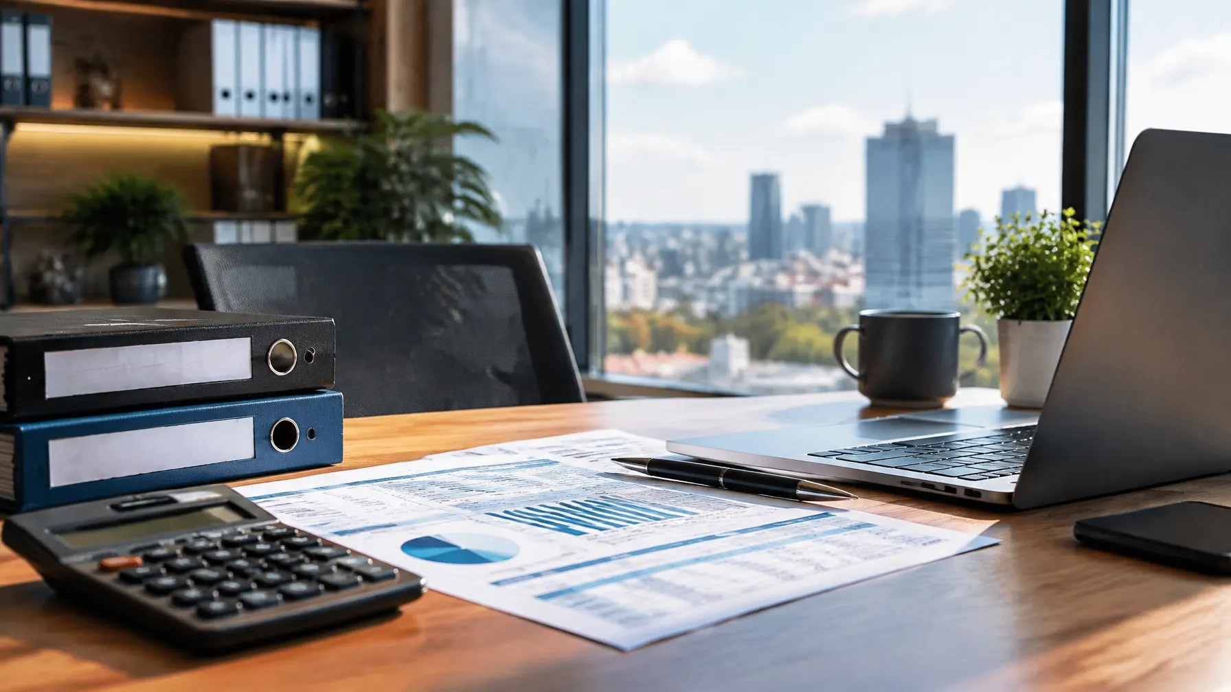 Financial reports, a calculator, and a laptop in a Nairobi business workspace